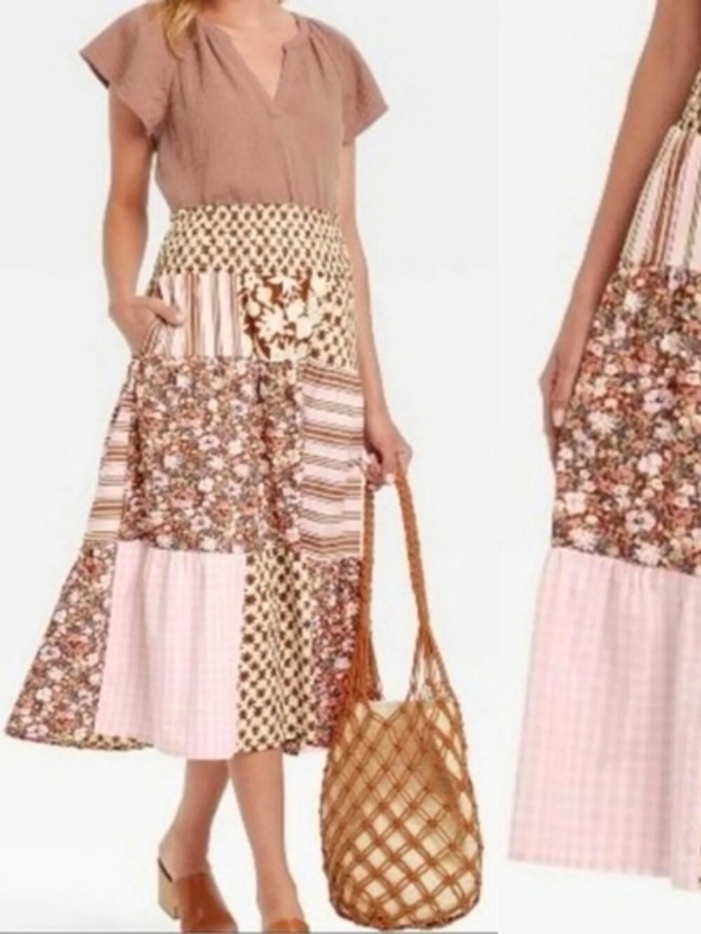 Universal Thread Womens 3X Pink Floral Patchwork Midi Skirt Smocked Waist Boho
